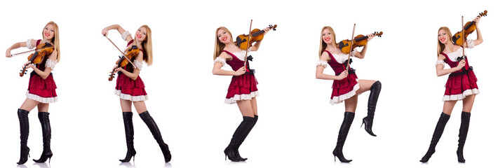 Bavarian girl playing the violin isolated on white