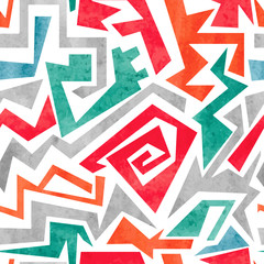 Watercolor graffiti colorful seamless pattern in red, orange and blue colors. Vector geometric abstract background.