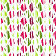 Hand drawn rhombus seamless pattern in green and purple colors. Vector background. 