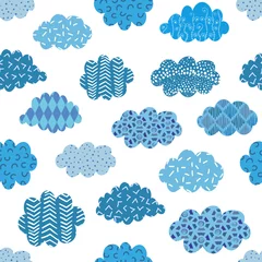 Tuinposter Doodle blue clouds seamless pattern. Vector background with abstract patterned clouds on white.  © Afanasia