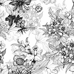 Beautiful Watercolor Summer Garden Blooming Flowers Seamless Pattern.