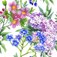 Beautiful Watercolor Summer Garden Blooming Flowers Seamless Pattern.