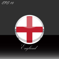 Obraz premium England flag isolated on black background. English flag button in silver chrome ring. England sport competition participant. Web button, language sign, print graphic element. Clip art illustration