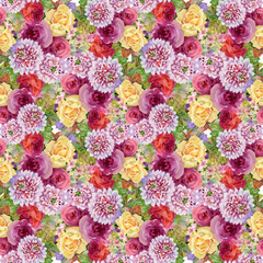Beautiful Watercolor Summer Garden Blooming Flowers Seamless Pattern.