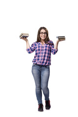 Young student preparing to the college exams isolated on white