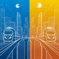 Train move on the bridge. Business center, architecture, transport and urban illustration, neon city, white lines composition, skyscrapers and towers, vector design art