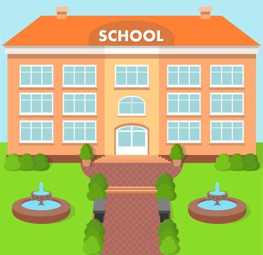 School building over landscape background with fountain. Vector illustration.