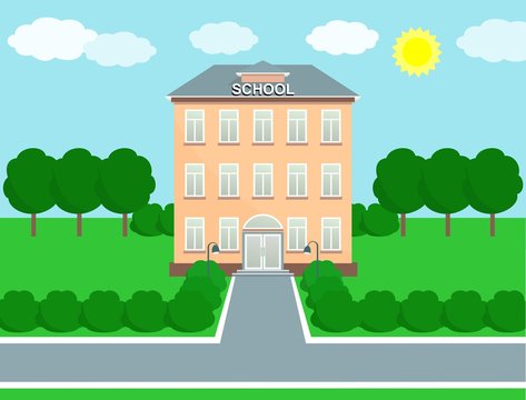 School building over landscape background. Vector illustration.