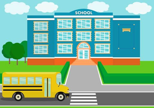 School building over landscape background with schoolbus. Vector illustration.