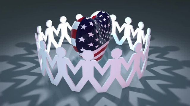 Paper chain people holding hands around USA flag on a big heart
