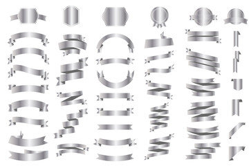 Banner vector icon set gold color on white background. Ribbon isolated shapes illustration of gift and accessory. Christmas sticker and decoration for app and web. Label, badge and borders collection.