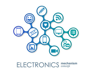 Electronics mechanism. Abstract background with connected gears and integrated flat icons. Connected symbols for laptop, monitor, phone. Vector interactive illustration