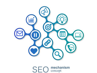 SEO mechanism concept. Abstract background with integrated gears and icons for strategy, digital, internet, network, connect, analytics, social media and global concepts.