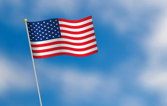 United States of America flag on blue sky background with clouds, vector illustration