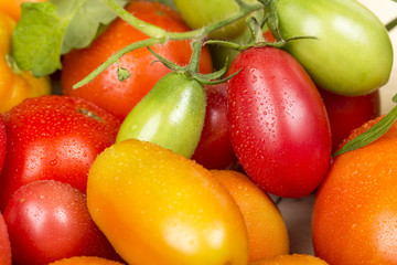 Close-up view of different fresh green and red tomatoes with waterdrops