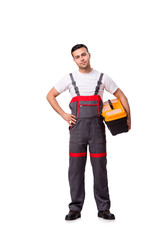 Young man with toolkit toolbox isolated on white