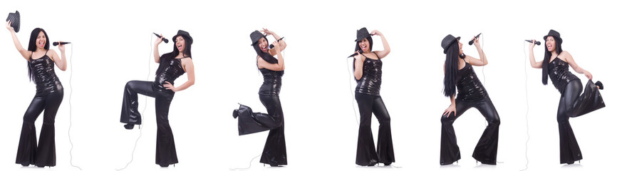 Woman singing in karaoke club in various poses on white