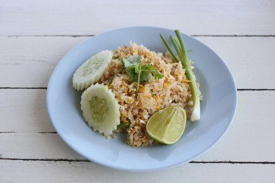 Crab Fried Rice of Thai foods in blue dish.