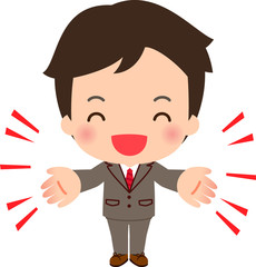 笑顔で両手を広げるスーツの男性