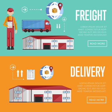 Freight and delivery banner set of logistics process services isolated vector illustration. Warehouse exterior.