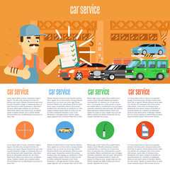 Infographics of scene presents workers in car service tire service and car repair vector illustration