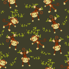 Naklejka premium Seamless wallpaper. Monkeys hanging on the liana