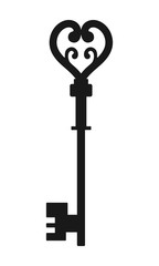 Vintage antique key, black silhouette isolated on white background. Vector