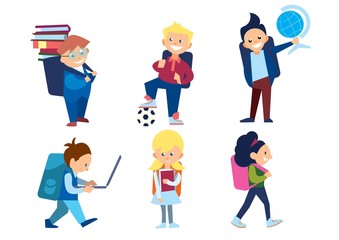 Little schoolchildren set. Schoolboys and schoolgirls with schoolbags and other different school supplies. Pupil with a globe, ball, books, laptop. Smiling school character in flat.