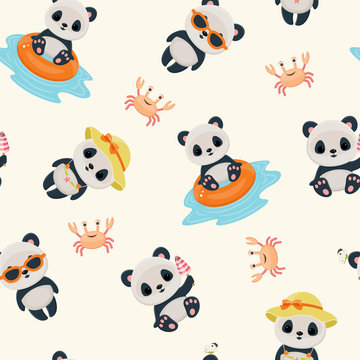 Panda in summer seamless pattern