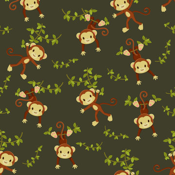 Seamless wallpaper. Monkeys hanging on the liana