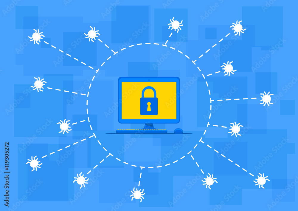 Poster computer antivirus protection vector illustration. computer with lock sign. data security technology