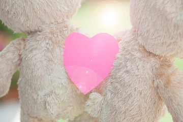 Valentines concept, Teddy bear with paper heart natural backgrou