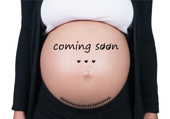 Coming soon. Cropped image of pregnant woman with coming soon si