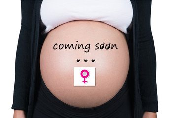 coming soon. pregnant woman with female symbol in front of her b