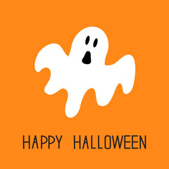 Funny flying ghost. Happy Halloween. Greeting card. Cute cartoon character. Scary spirit. Baby collection. Orange background. Flat design.