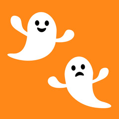 Funny flying ghost. Smiling and sad face. Happy Halloween. Greeting card. Cute cartoon character. Scary spirit. Baby collection. Orange background. Flat design.