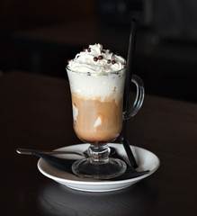 coffee with cream and chocolate balls