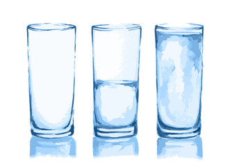 Watercolor glasses set. From empty to full glass. Fresh healthy beverage.