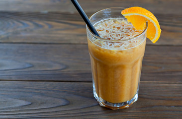 coffee glass with ice on a wooden table