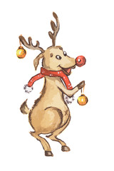 Watercolor Christmas deer. Funny and smiling raindeer with christmas toys on white background. Symbol of Christmas and New Year.