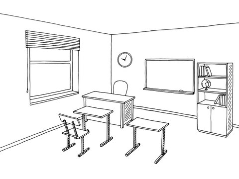 School classroom black white graphic art interior sketch illustration vector