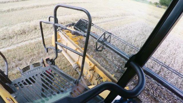 Farmer yellov combine harvester on field. Harvesting mowing ripe wheat in sunny summer weather. Poin if view from Harvester cabin.