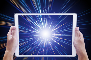 Hand holding digital tablet, connect to internet networking by high speed, connection technology...