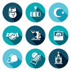 Vector Set of Turkey and Russia Icons. Turk, Gas pipeline, Coat of arms, Agreement, Gas-holder, Hub, Contract, Construction, Tourism, Moscow.