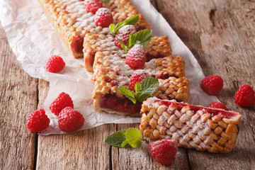 Homemade delicious raspberry pie close-up. horizontal
