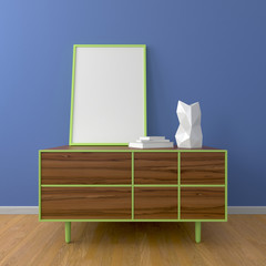 Wooden dresser and blue wall mockup