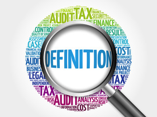 DEFINITION word cloud with magnifying glass, business concept 3D illustration