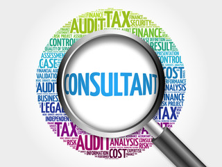 CONSULTANT word cloud with magnifying glass, business concept 3D illustration
