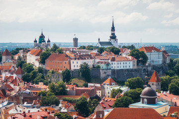 View of Toompea hill with tower Pikk Hermann, Cathedral Church of Saint Mary Toomkirik and Russian...