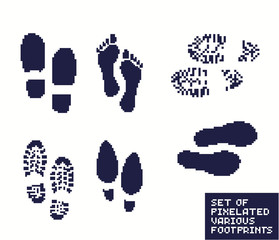Set of pixel footprints, shoes and boot, pixelated illustration. - Stock vector